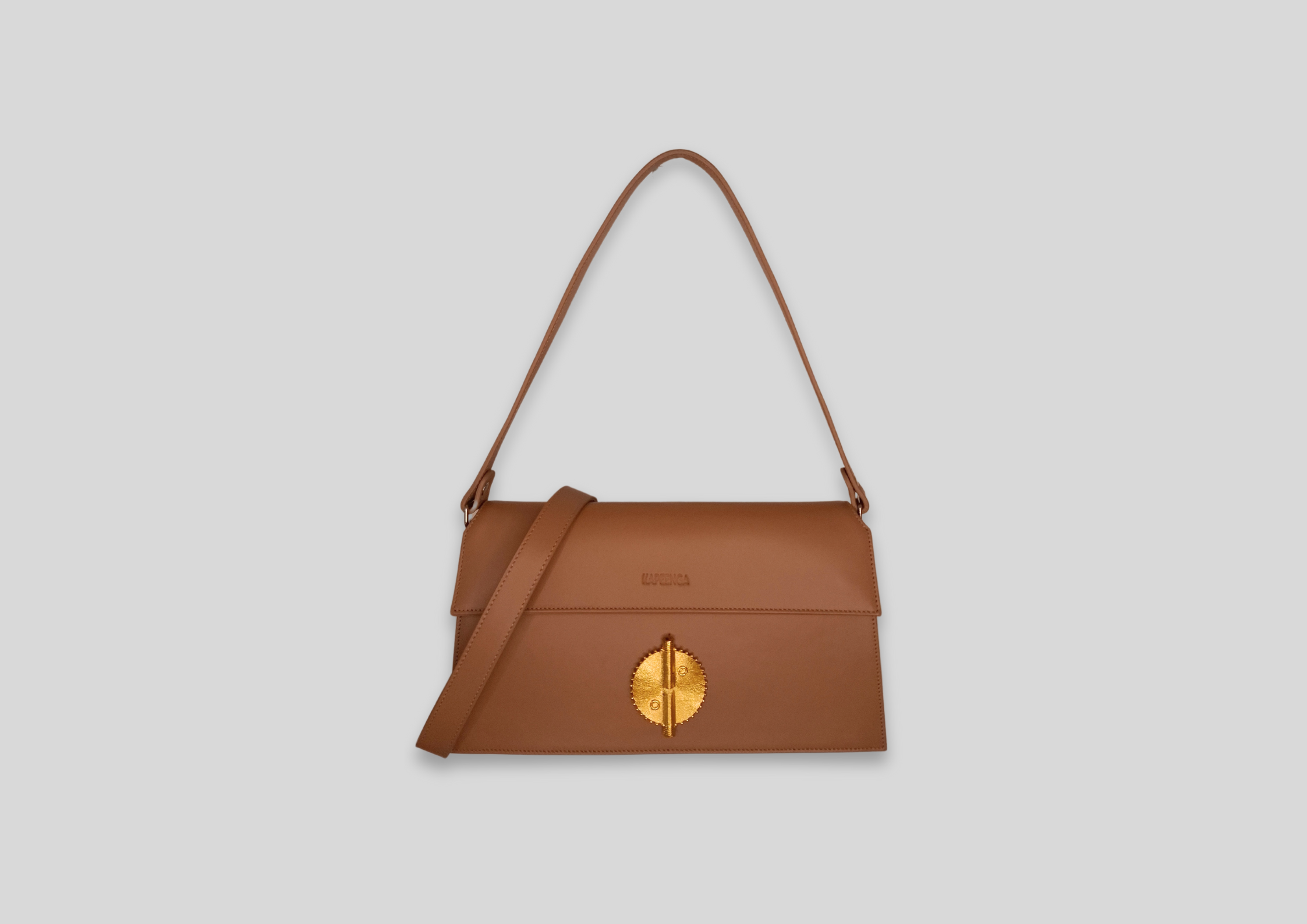 Malaika 2.0 bag in brown leather with elegant golden logo, perfect for elegant shoulder and crossbody styles.